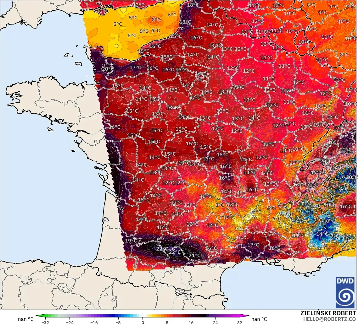 ICON Alemania 2 km modelo - Francia, Anomalía de temperatura a 2 m