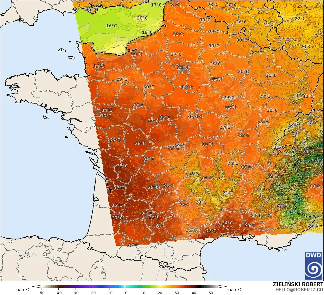 ICON Alemania 2 km modelo - Francia, Temperatura a 2 m