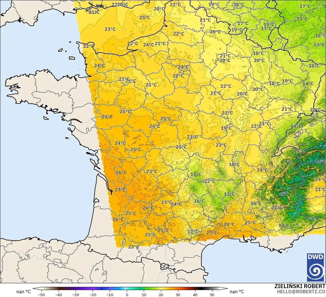 ICON Alemania 2 km modelo - Francia, Temperatura a 850 hPa