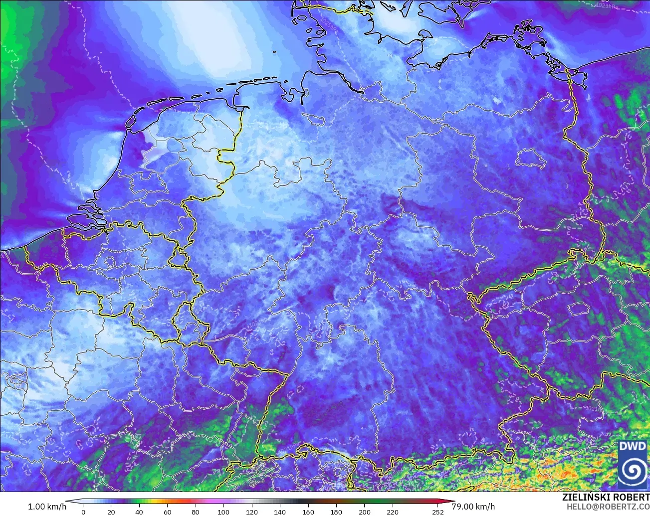 ICON Alemania 2 km modelo - Alemania, Ráfagas de viento
