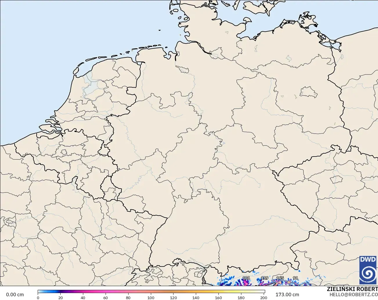 ICON Alemania 2 km modelo - Alemania, Profundidad de nieve