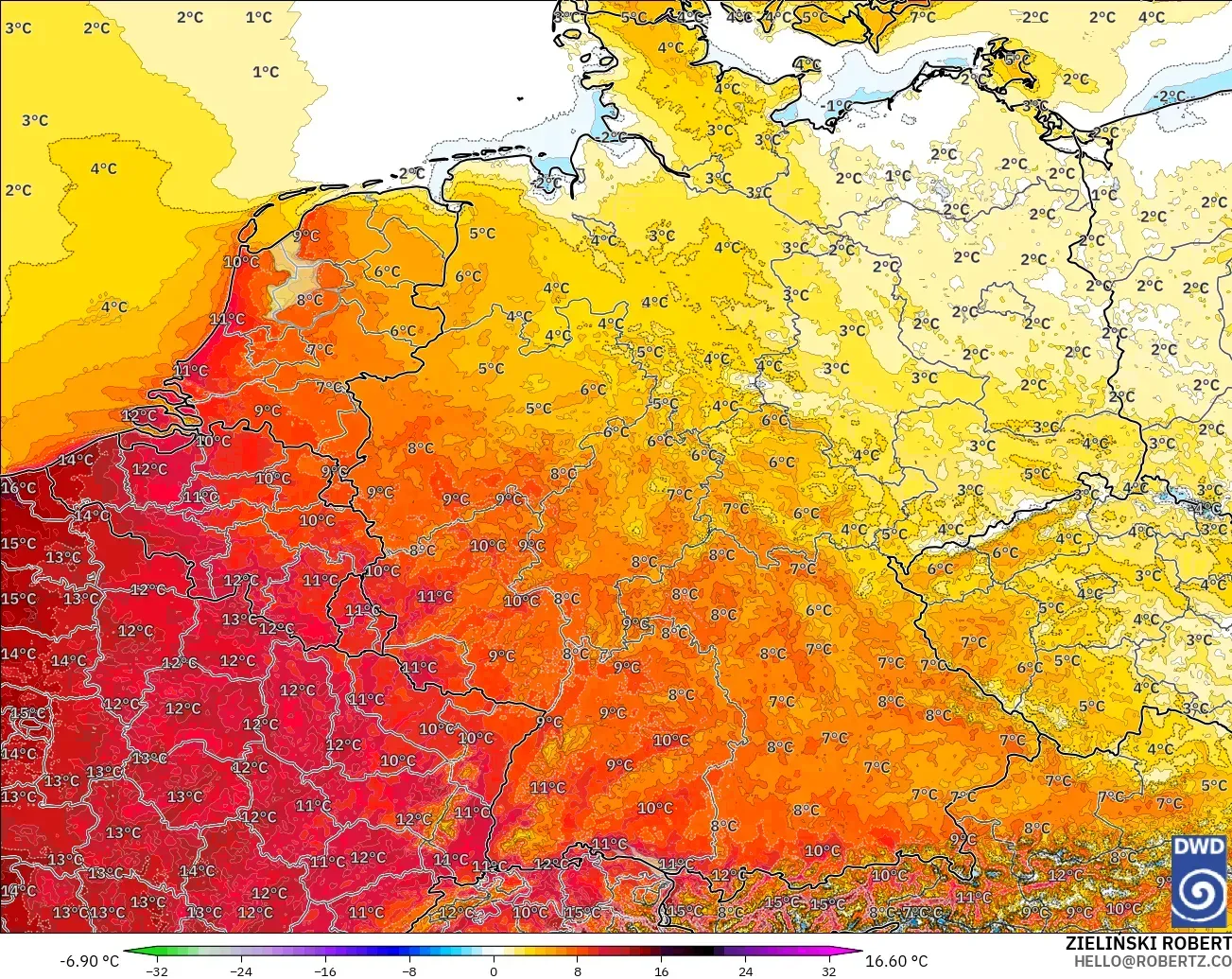 ICON Alemania 2 km modelo - Alemania, Anomalía de temperatura a 2 m