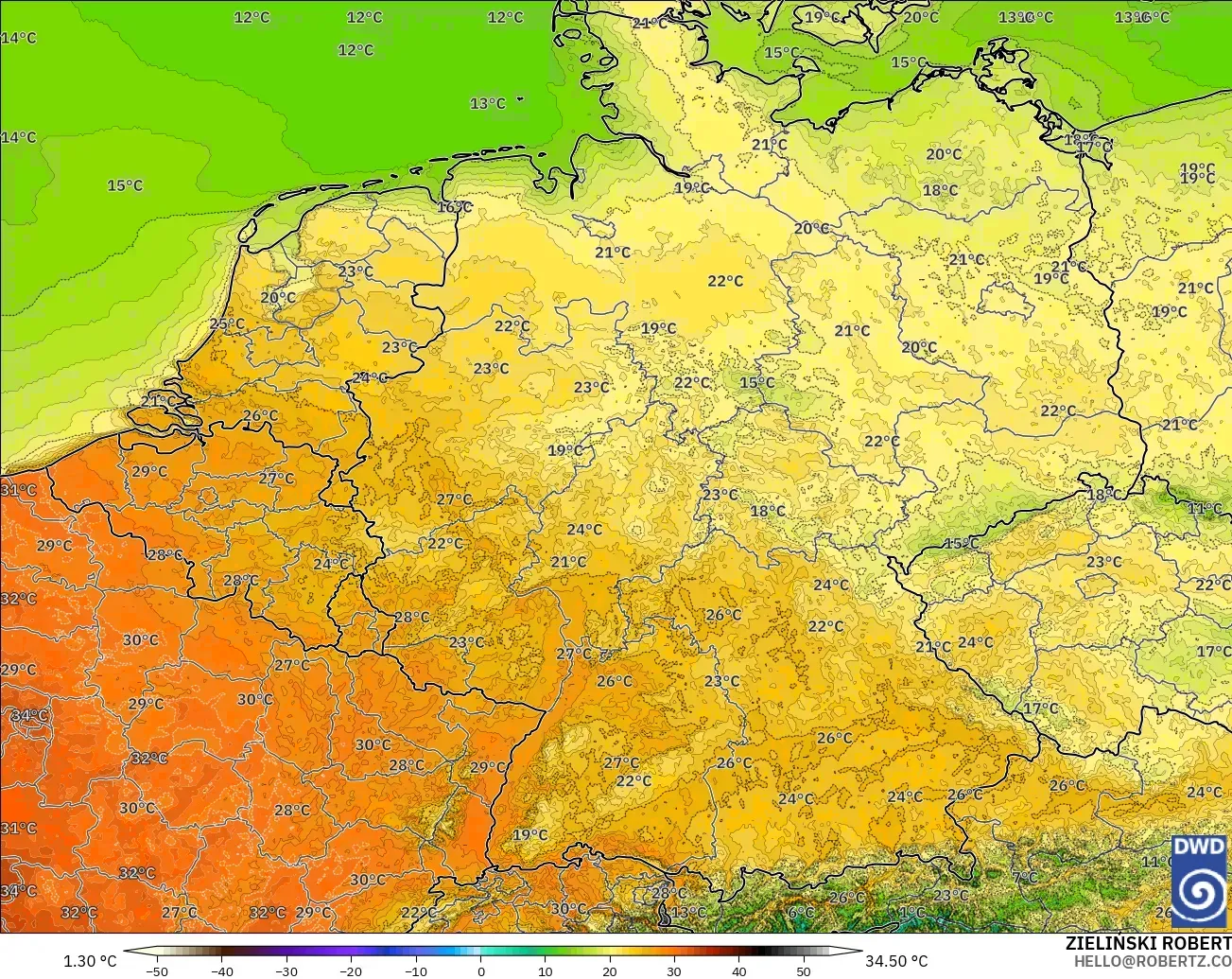 ICON Alemania 2 km modelo - Alemania, Temperatura a 2 m