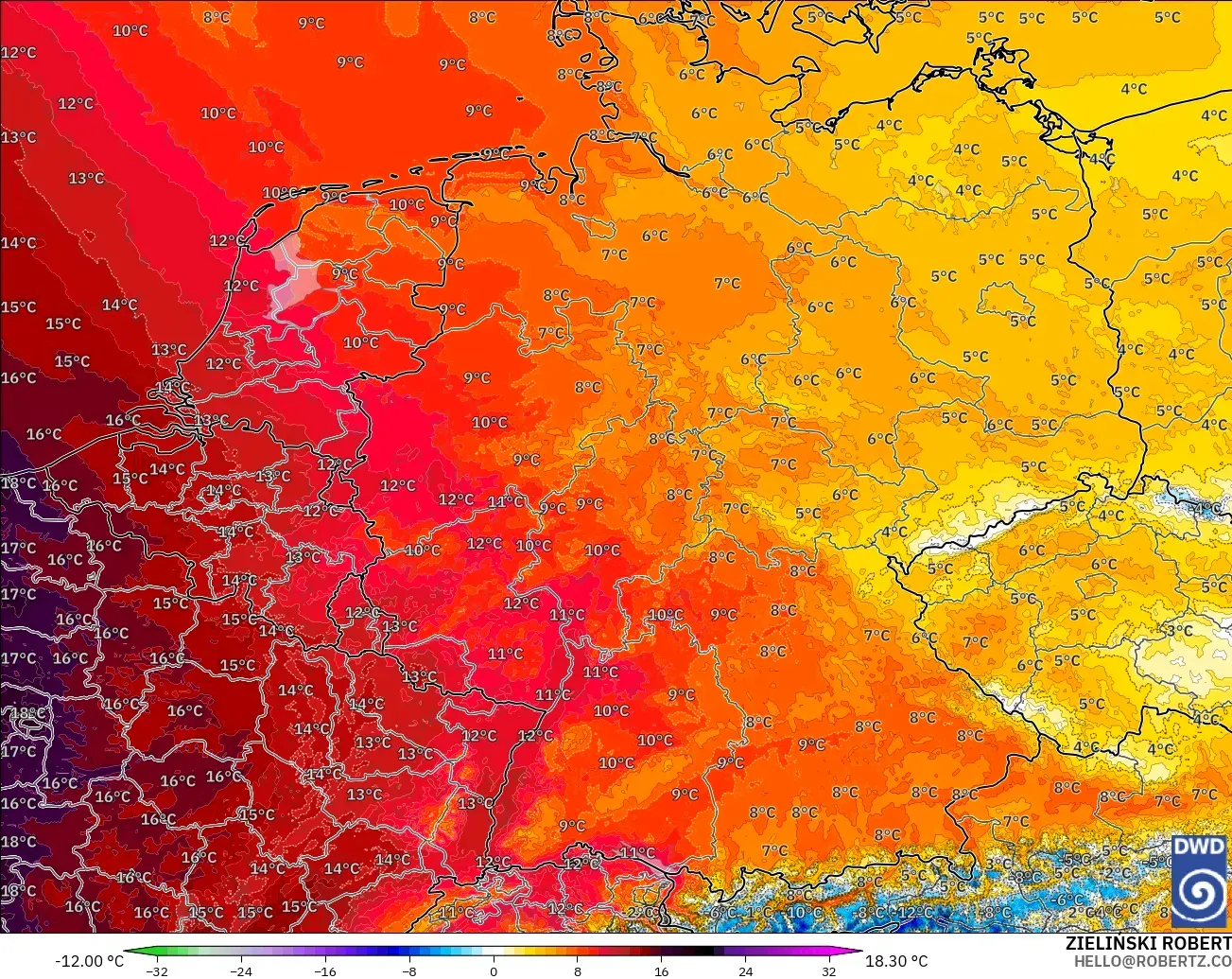 ICON Alemania 2 km modelo - Alemania, Anomalía de temperatura a 850 hPa