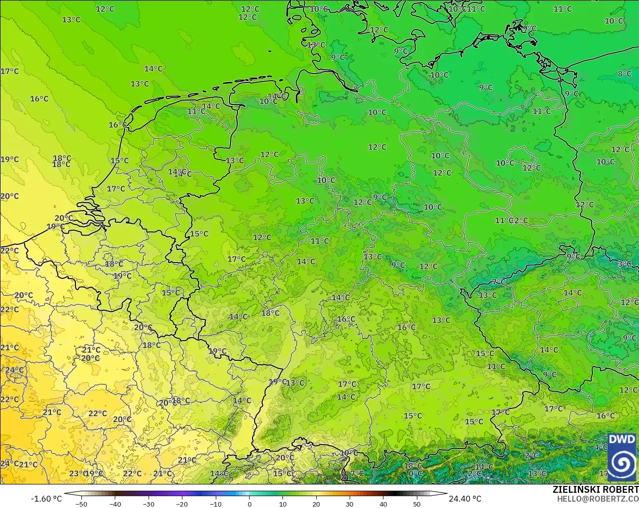 ICON Alemania 2 km modelo - Alemania, Temperatura a 850 hPa