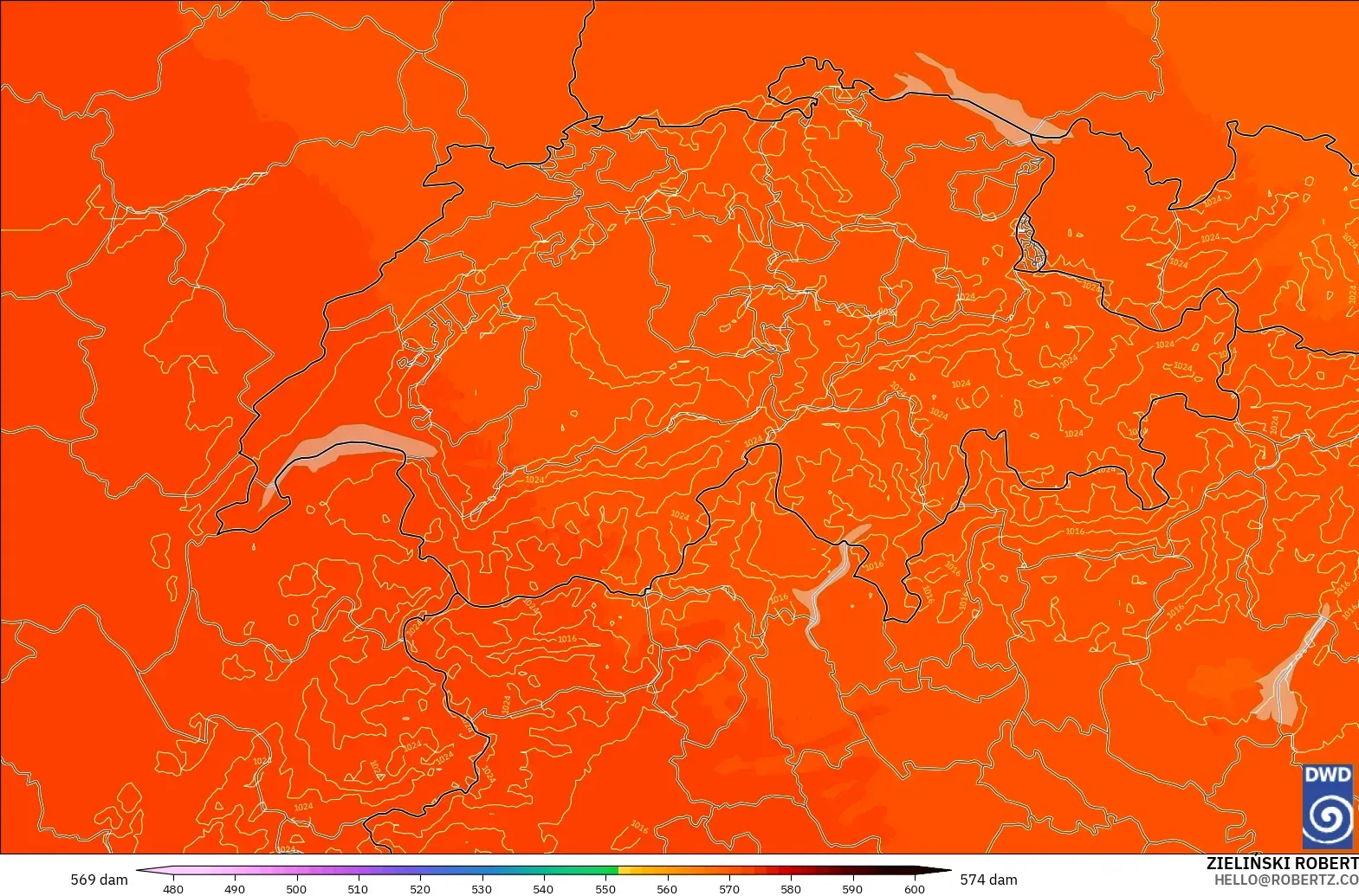 ICON Alemania 2 km modelo - Suiza, Altura geopotencial a 500 hPa
