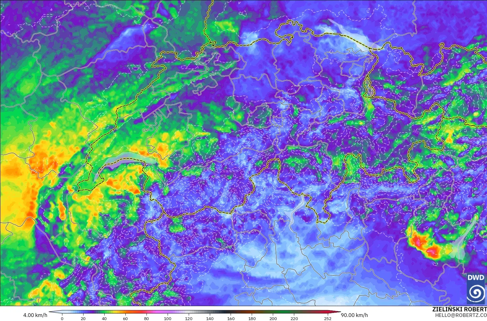 ICON Alemania 2 km modelo - Suiza, Ráfagas de viento