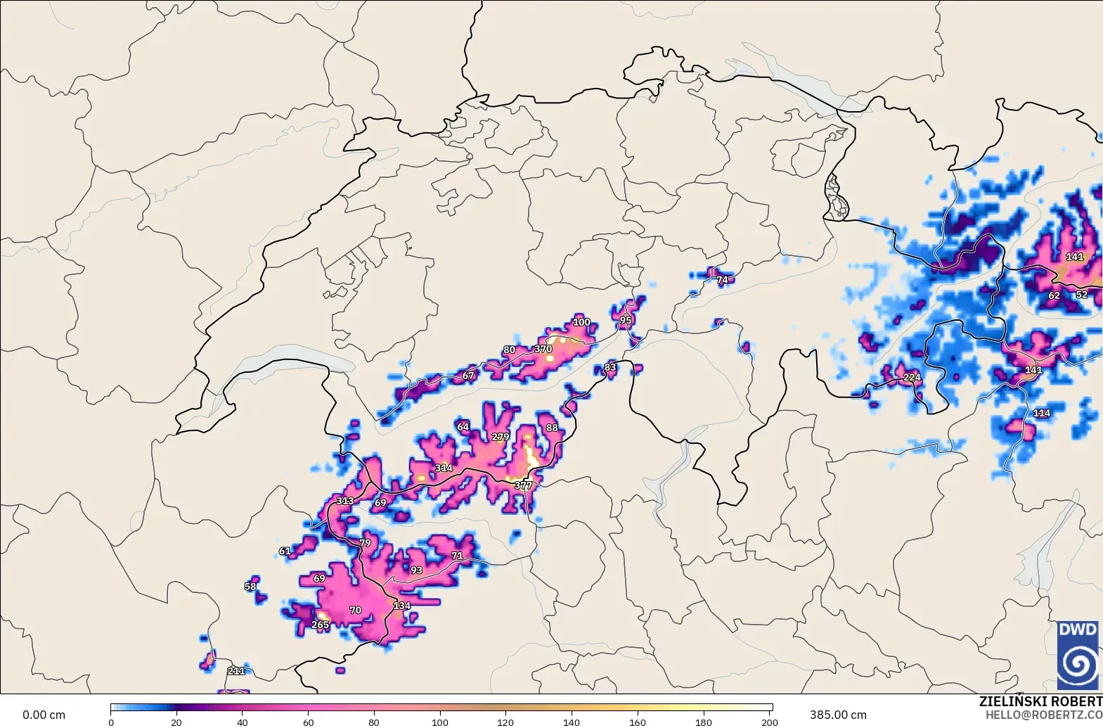 ICON Alemania 2 km modelo - Suiza, Profundidad de nieve