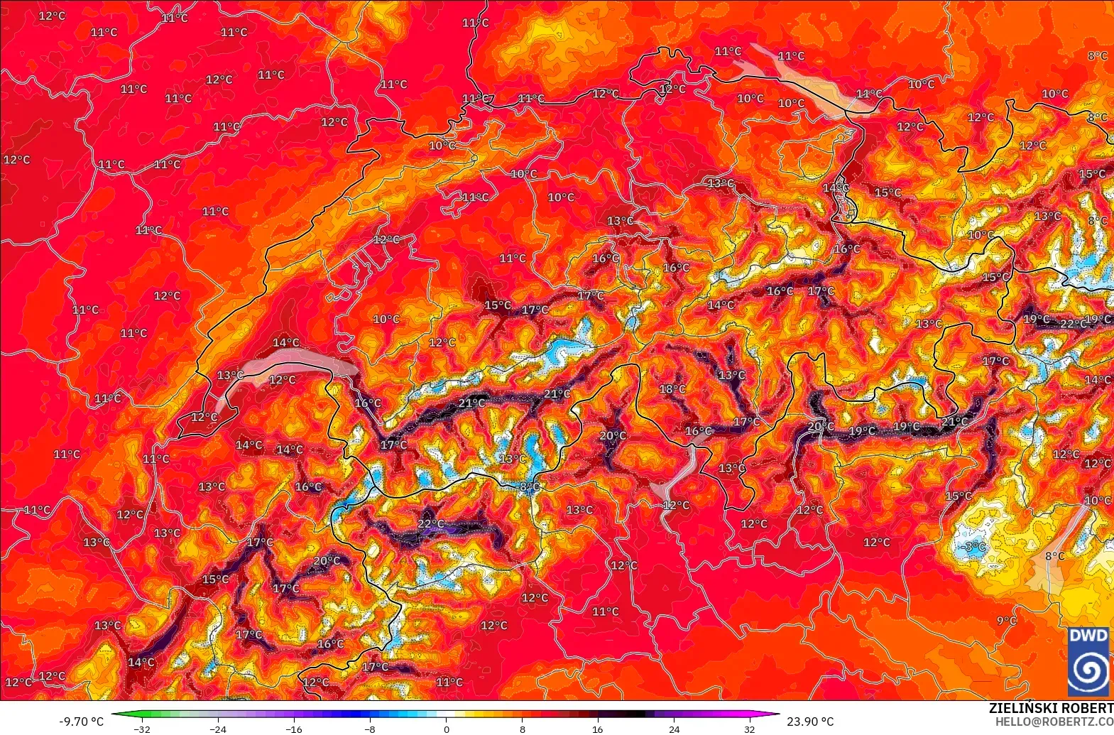 ICON Alemania 2 km modelo - Suiza, Anomalía de temperatura a 2 m