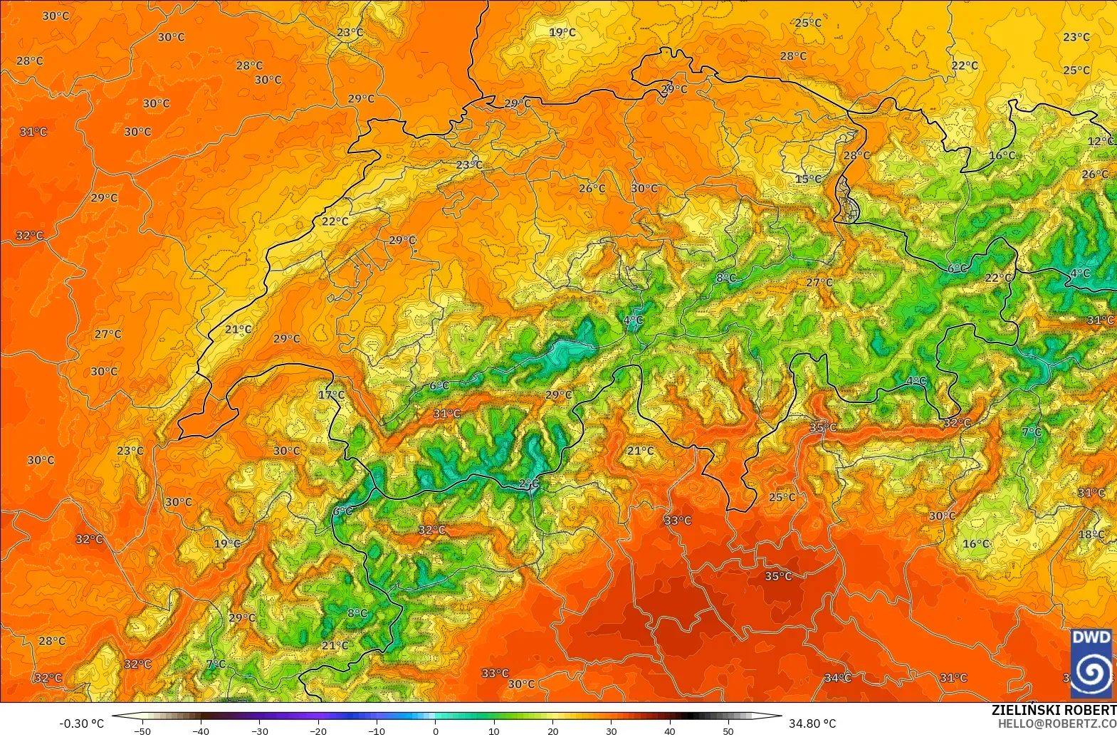 ICON Alemania 2 km modelo - Suiza, Temperatura a 2 m
