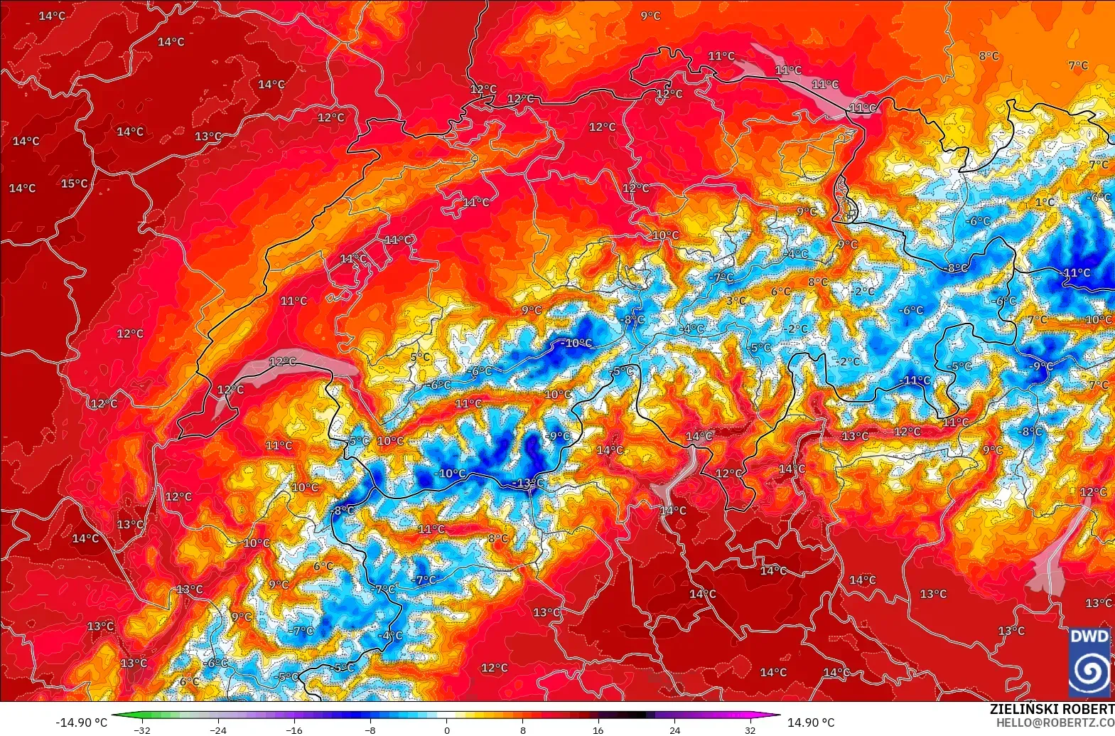ICON Alemania 2 km modelo - Suiza, Anomalía de temperatura a 850 hPa