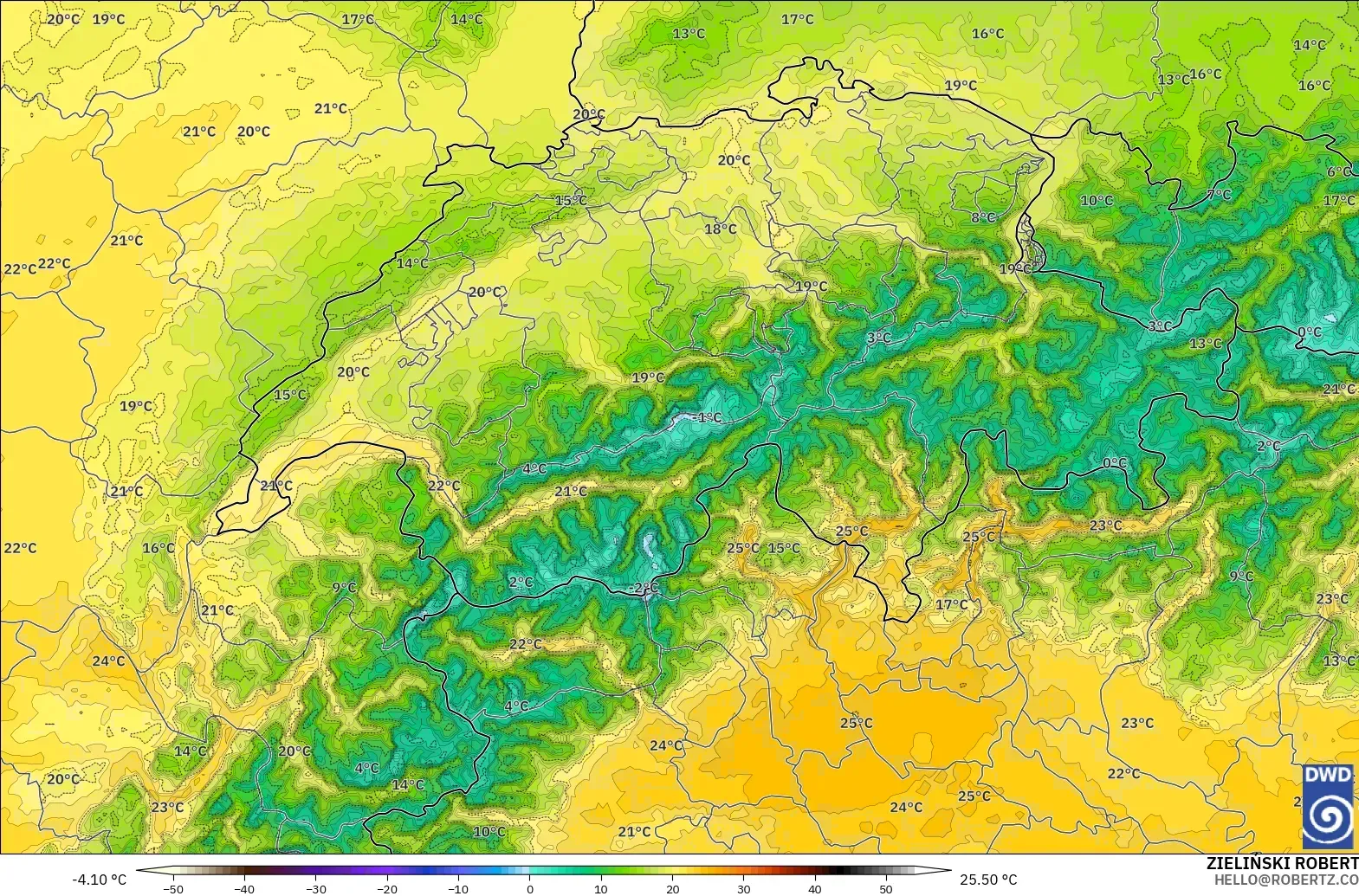 ICON Alemania 2 km modelo - Suiza, Temperatura a 850 hPa