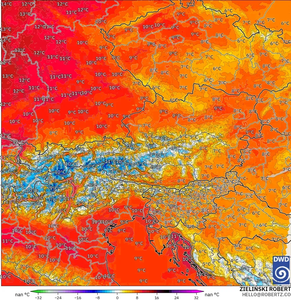 ICON Alemania 2 km modelo - Austria, Anomalía de temperatura a 850 hPa