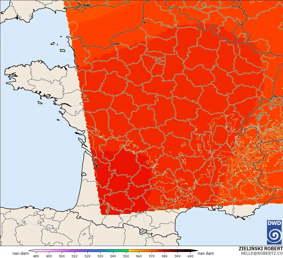 ICON Alemania 2 km modelo - Francia, Altura geopotencial a 500 hPa