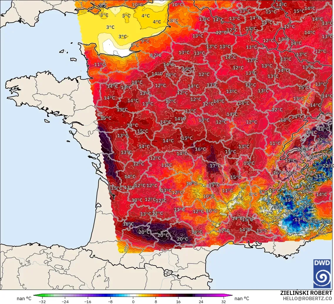 ICON Alemania 2 km modelo - Francia, Anomalía de temperatura a 2 m