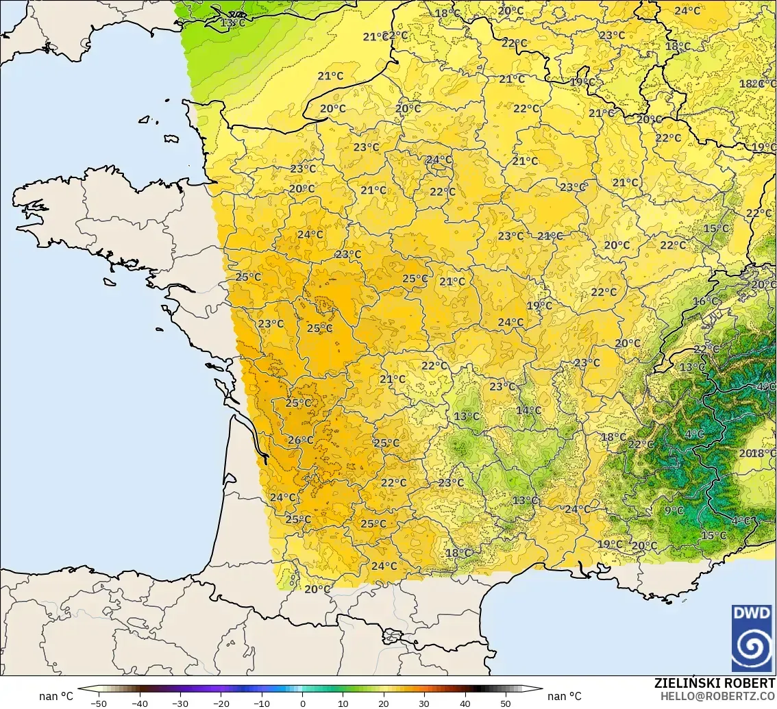 ICON Alemania 2 km modelo - Francia, Temperatura a 850 hPa