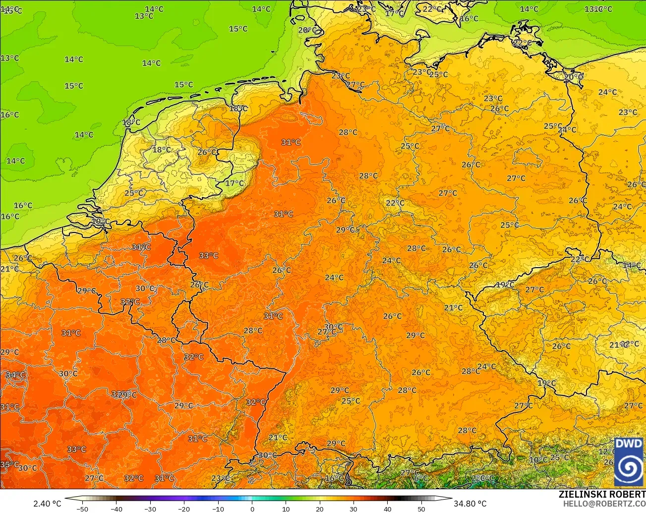 ICON Alemania 2 km modelo - Alemania, Temperatura a 2 m