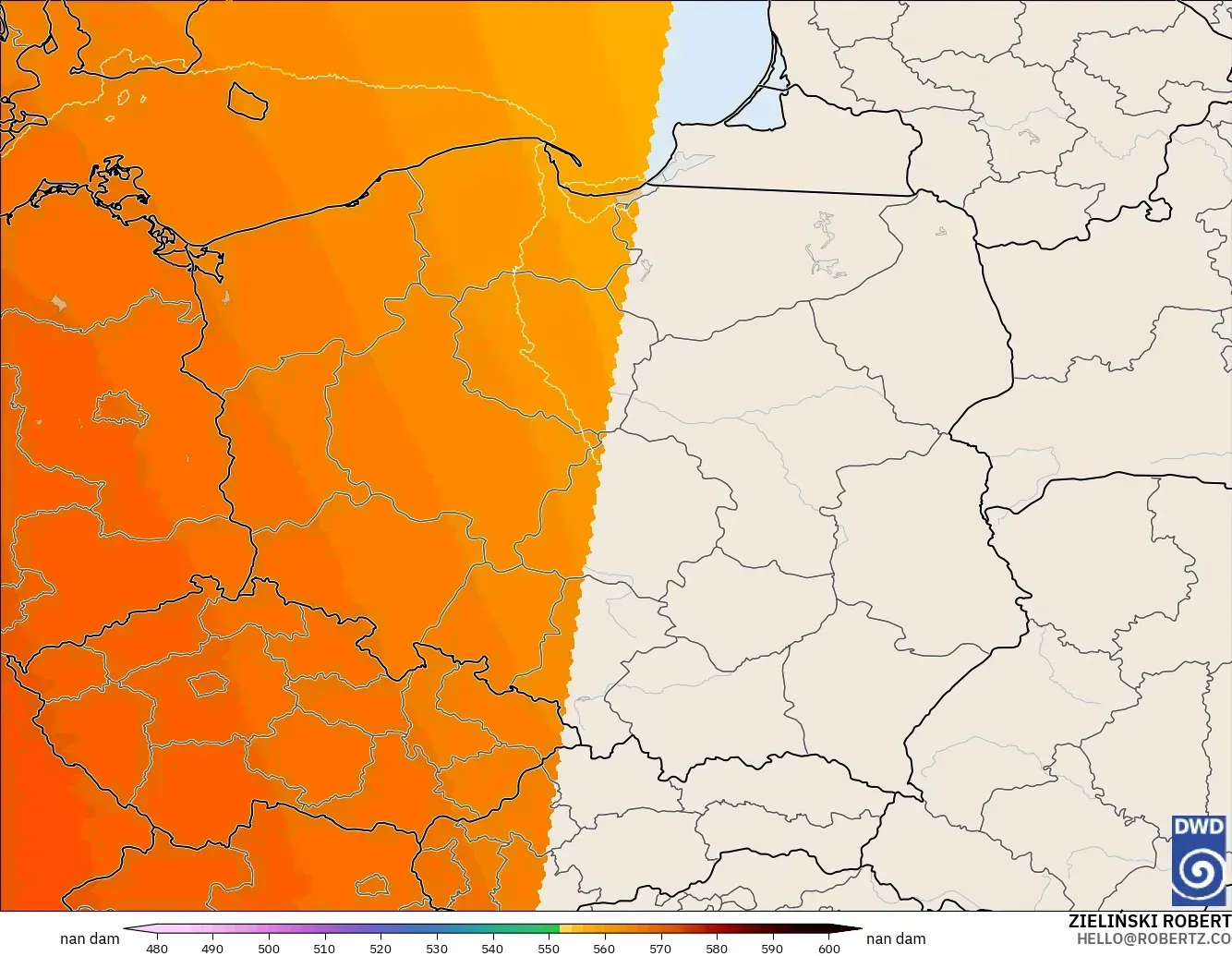 ICON Alemania 2 km modelo - Polonia, Altura geopotencial a 500 hPa