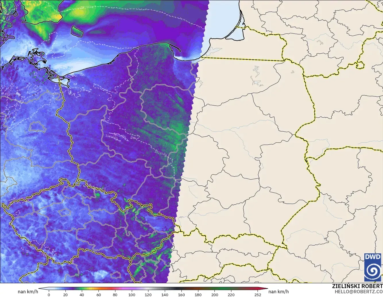 ICON Alemania 2 km modelo - Polonia, Ráfagas de viento