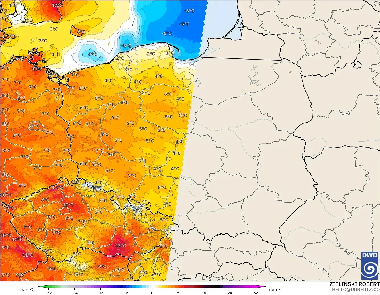 ICON Alemania 2 km modelo - Polonia, Anomalía de temperatura a 2 m