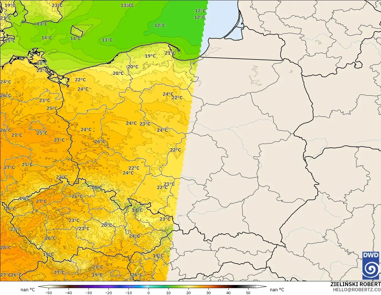 ICON Alemania 2 km modelo - Polonia, Temperatura a 2 m