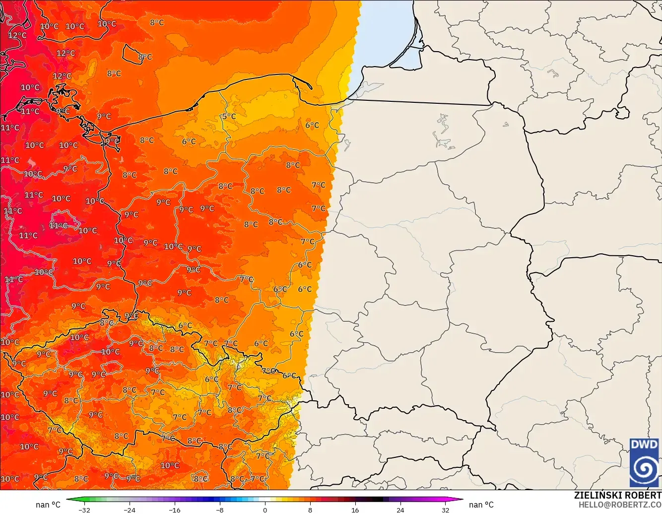 ICON Alemania 2 km modelo - Polonia, Anomalía de temperatura a 850 hPa