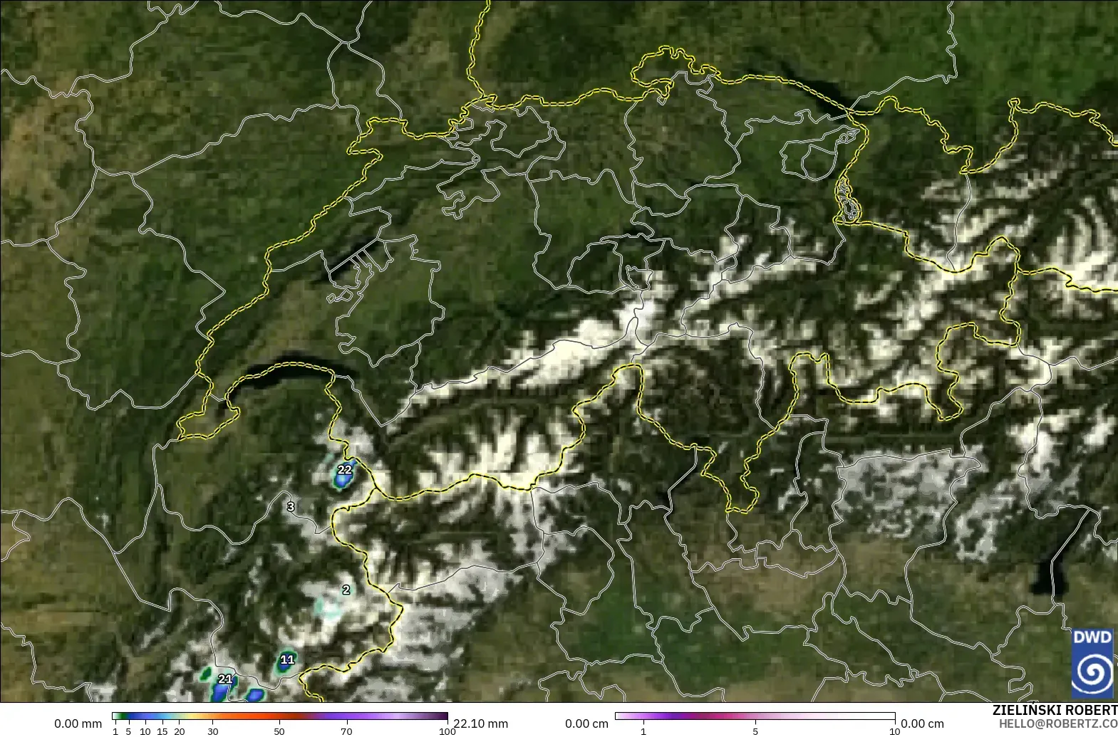 ICON Alemania 2 km modelo - Suiza, Precipitación, nubes y presión