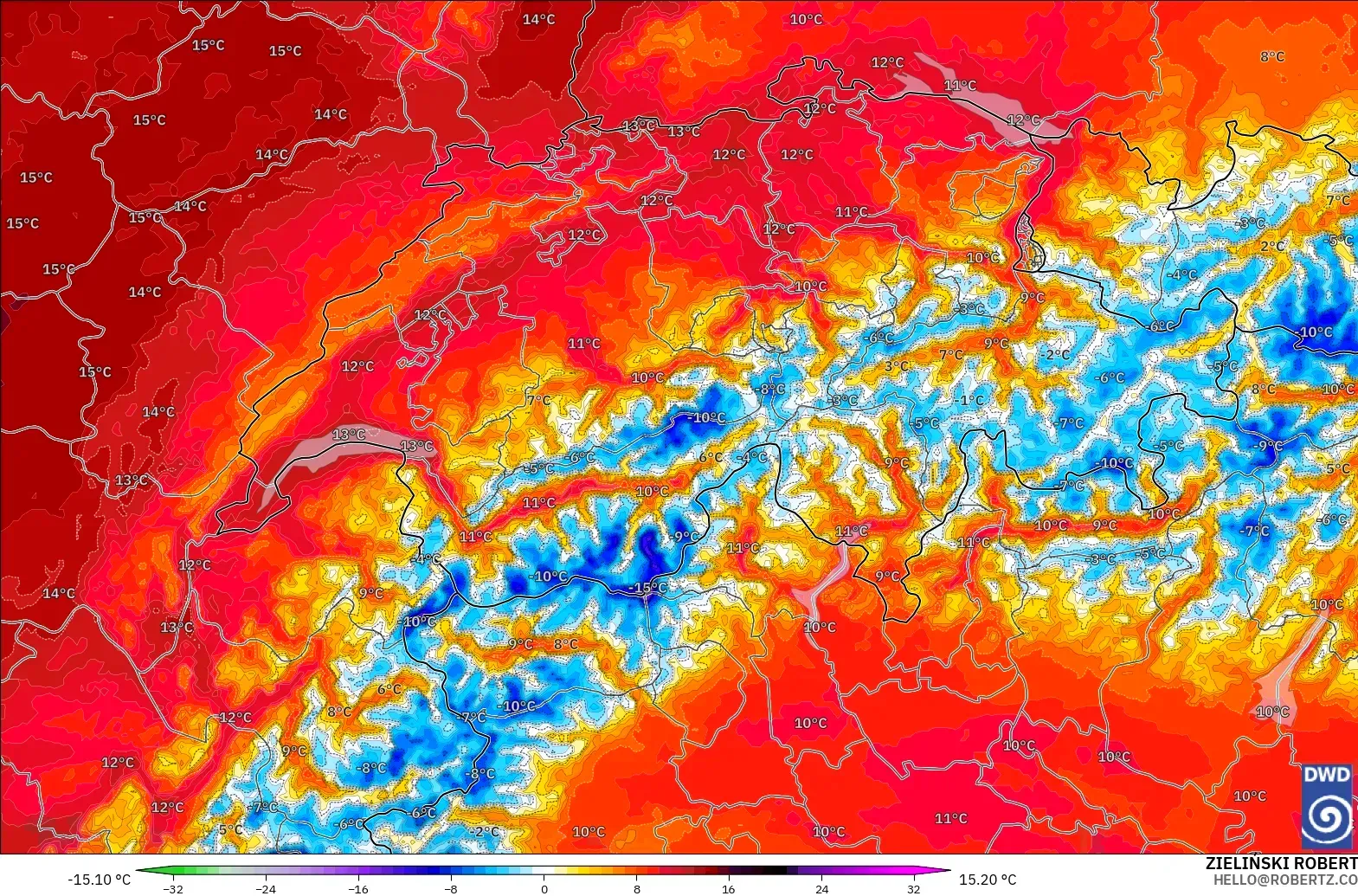 ICON Alemania 2 km modelo - Suiza, Anomalía de temperatura a 850 hPa