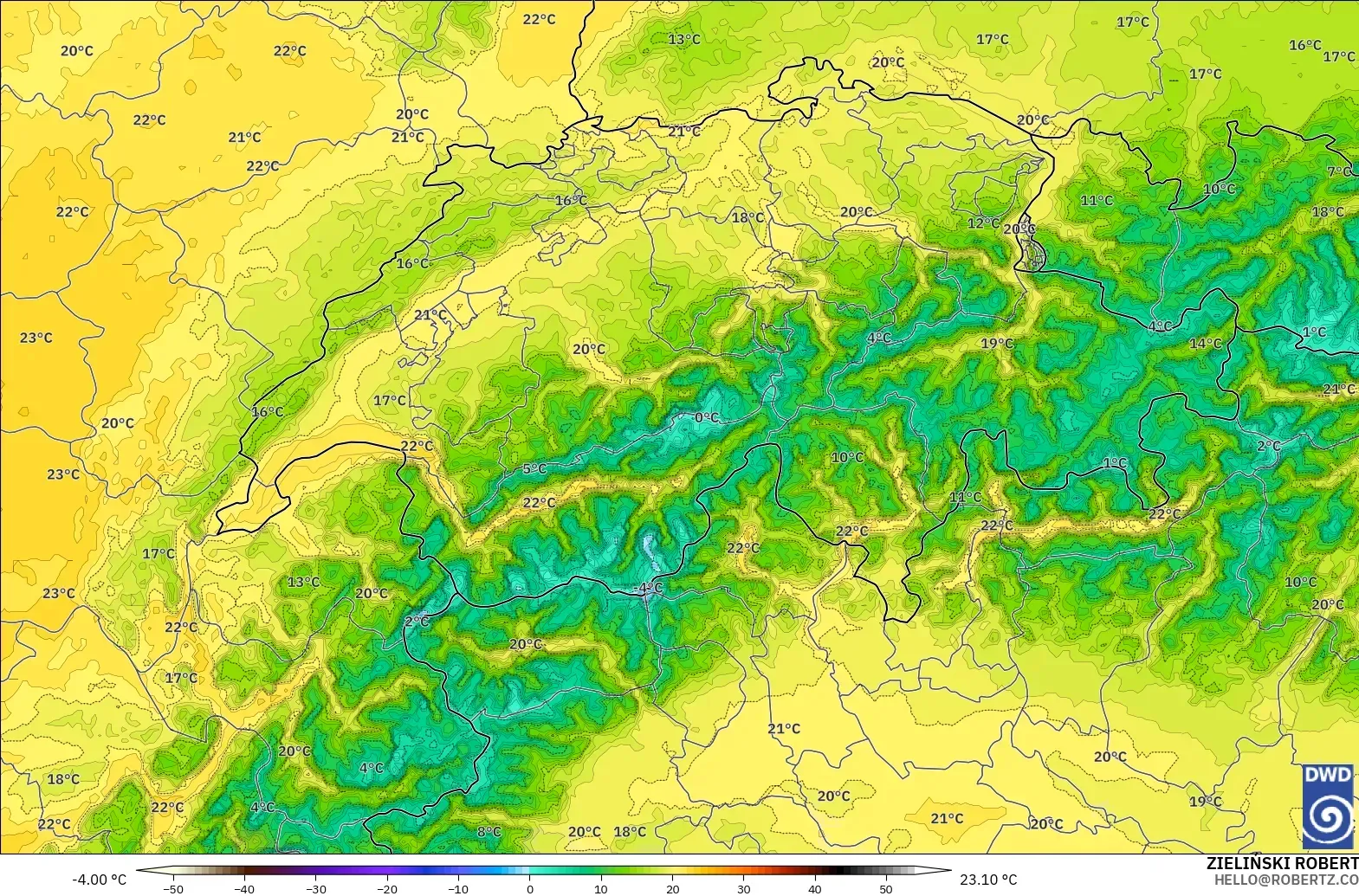 ICON Alemania 2 km modelo - Suiza, Temperatura a 850 hPa