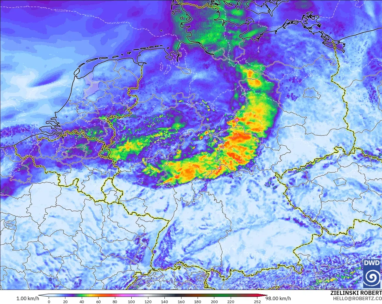 ICON Alemania 2 km modelo - Alemania, Ráfagas de Viento Máximas