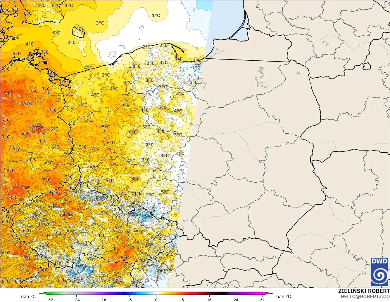 ICON Alemania 2 km modelo - Polonia, Anomalía de temperatura a 2 m