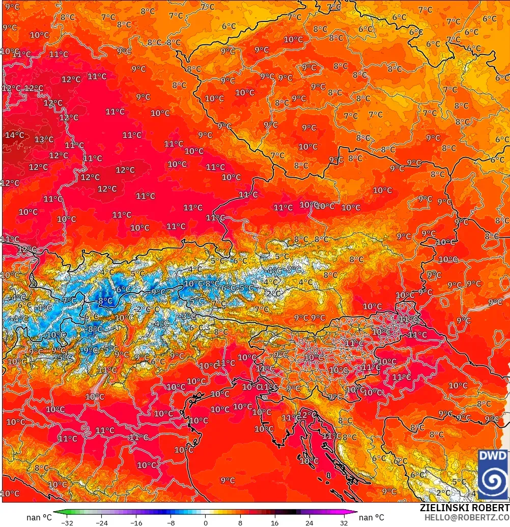 ICON Alemania 2 km modelo - Austria, Anomalía de temperatura a 850 hPa