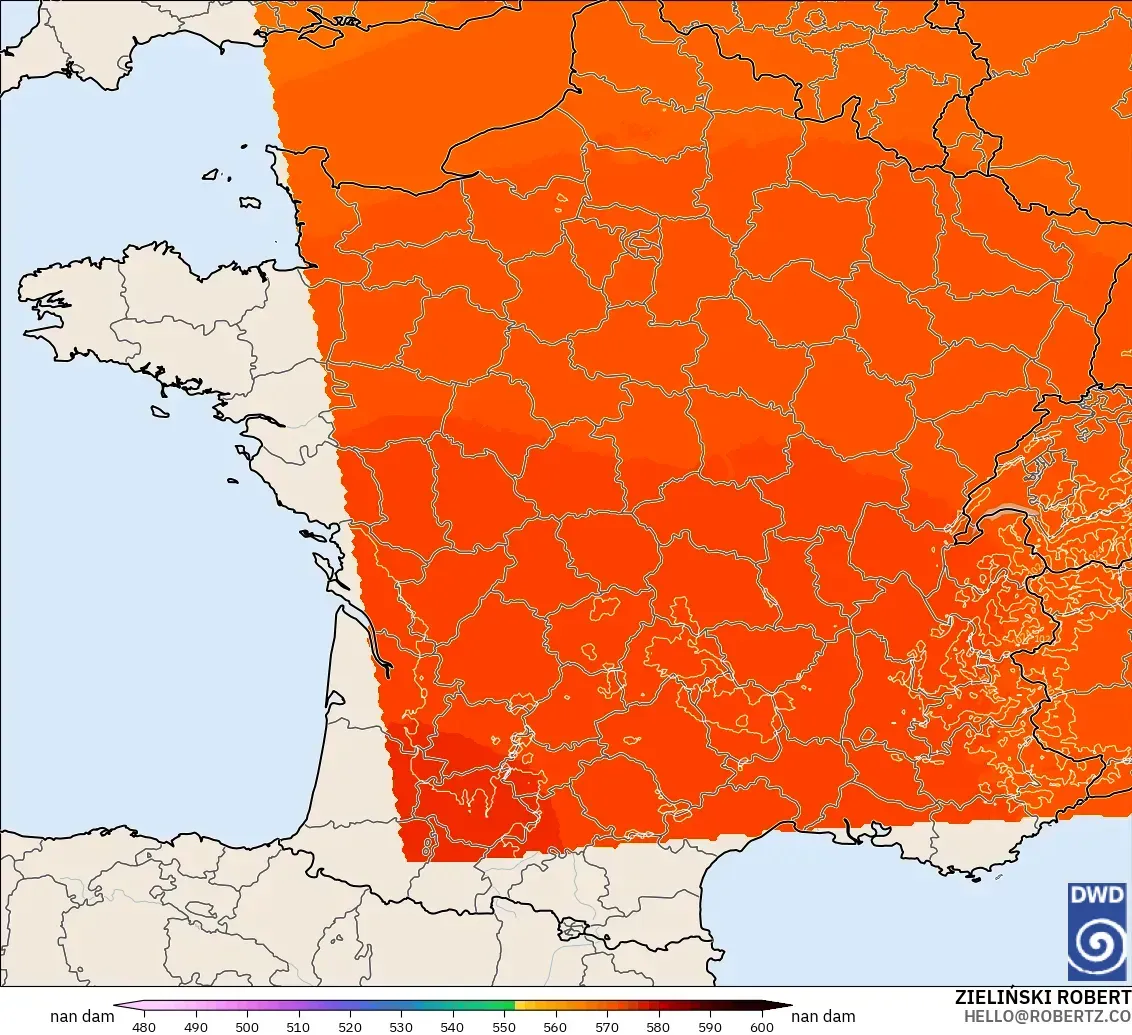 ICON Alemania 2 km modelo - Francia, Altura geopotencial a 500 hPa