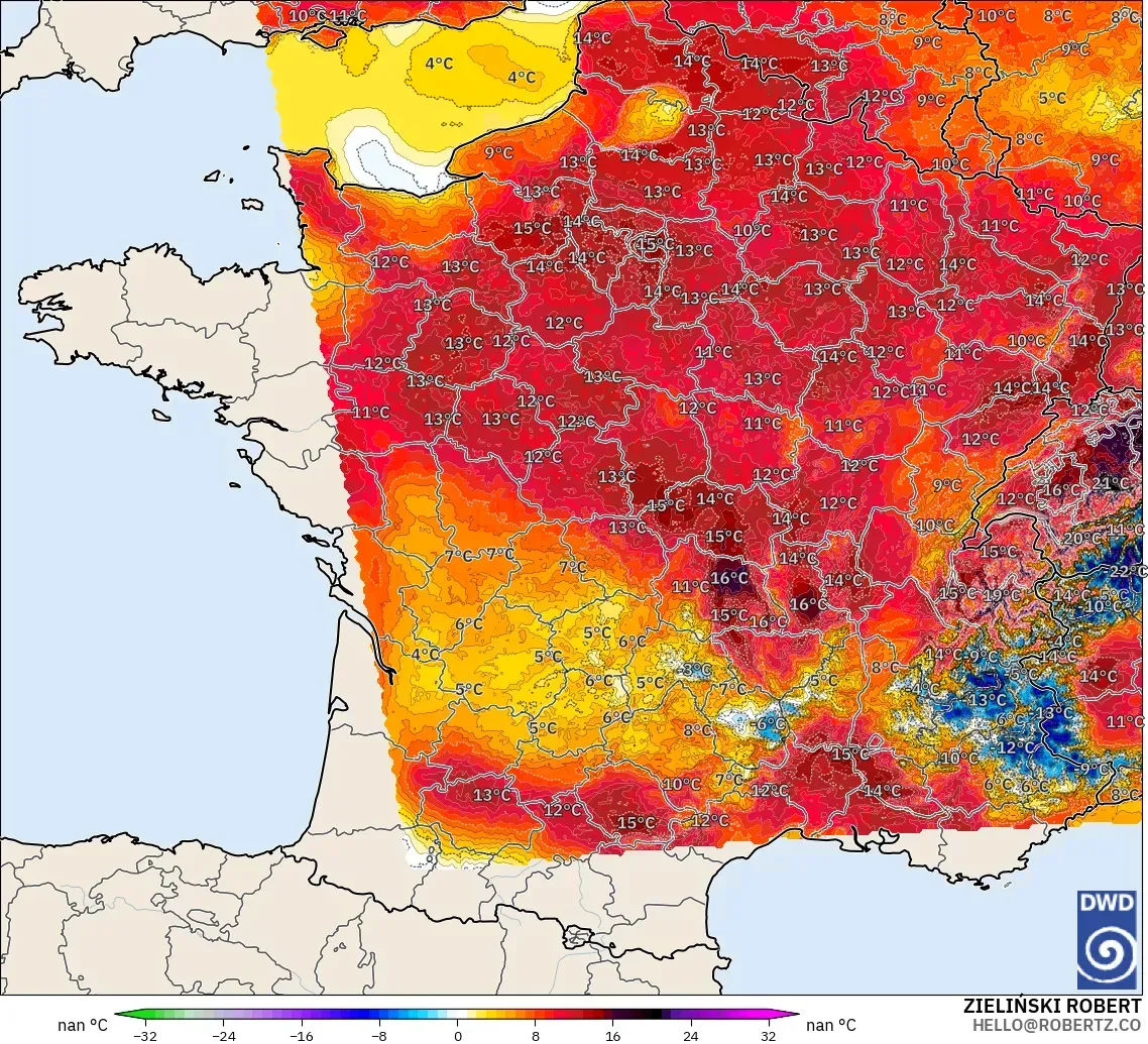 ICON Alemania 2 km modelo - Francia, Anomalía de temperatura a 2 m