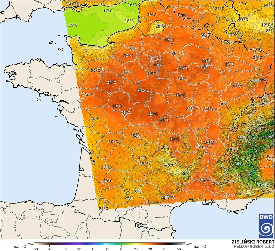 ICON Alemania 2 km modelo - Francia, Temperatura a 2 m