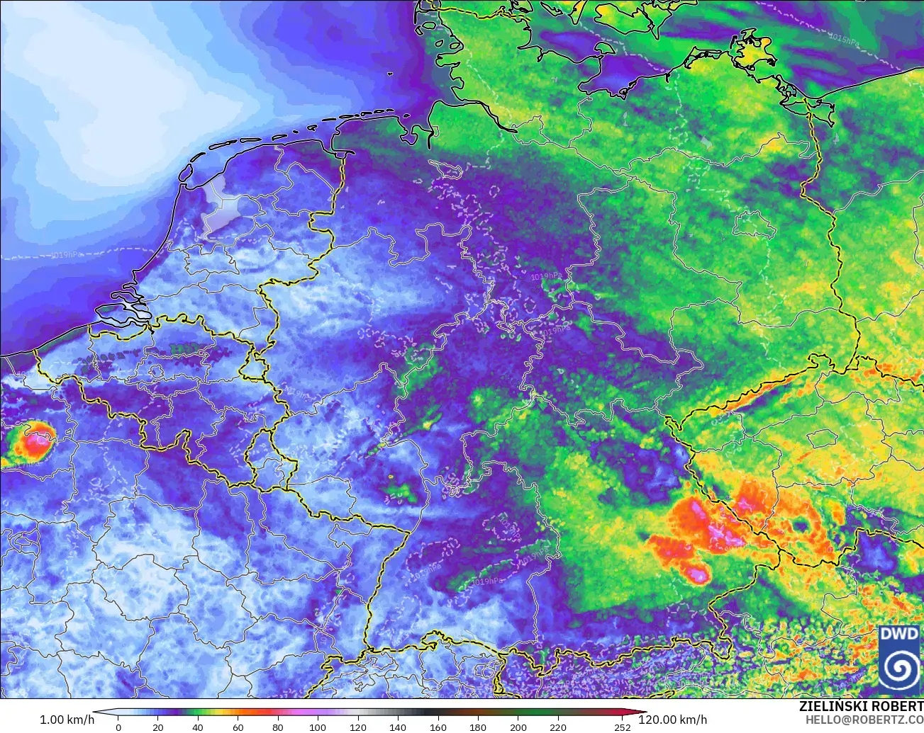 ICON Alemania 2 km modelo - Alemania, Ráfagas de Viento Máximas