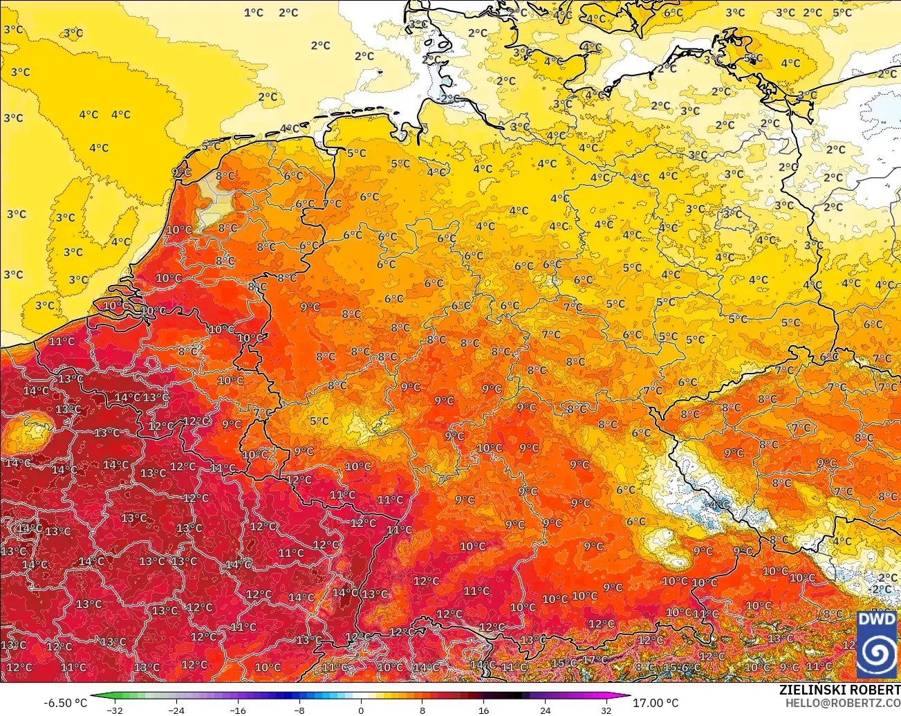 ICON Alemania 2 km modelo - Alemania, Anomalía de temperatura a 2 m