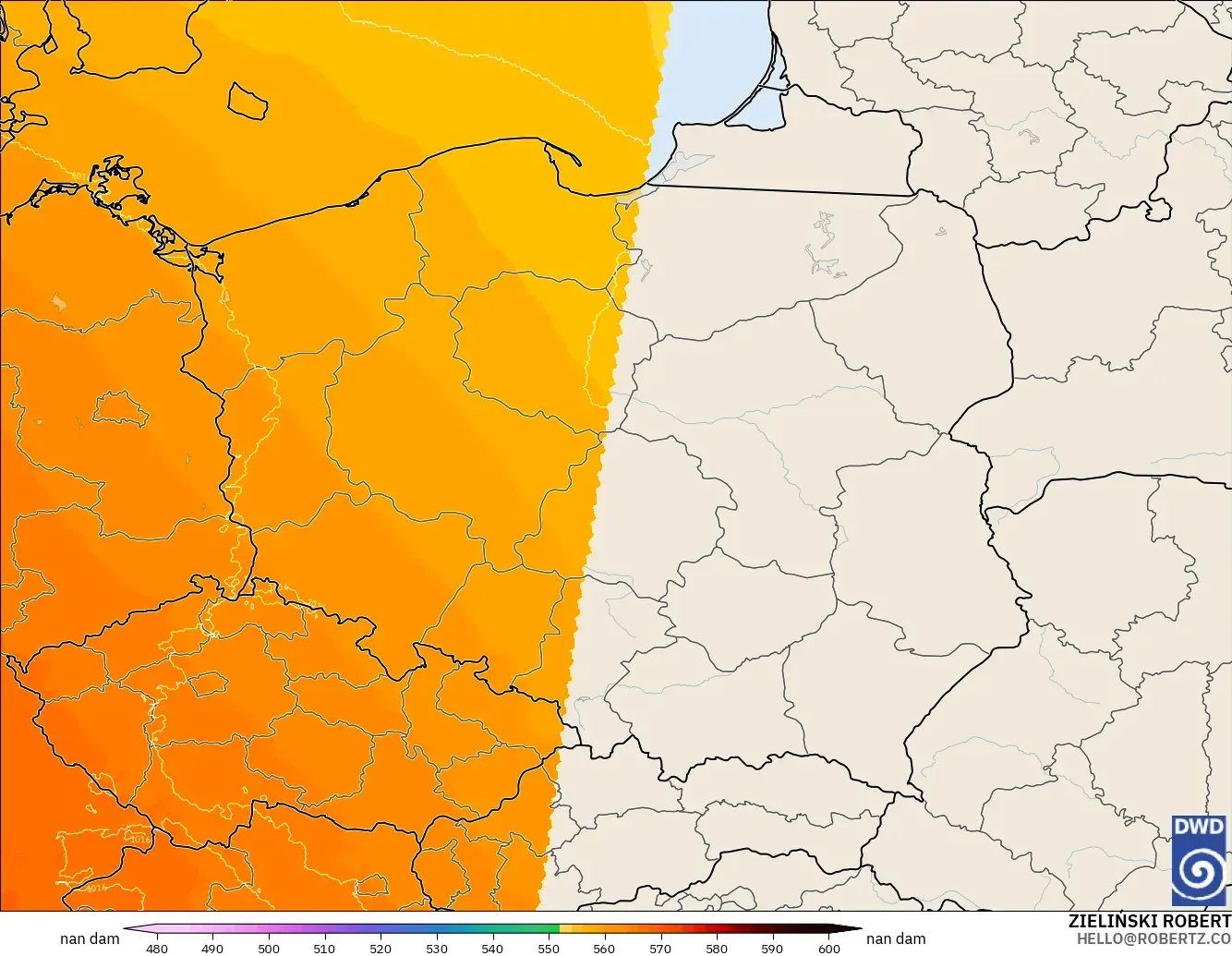 ICON Alemania 2 km modelo - Polonia, Altura geopotencial a 500 hPa