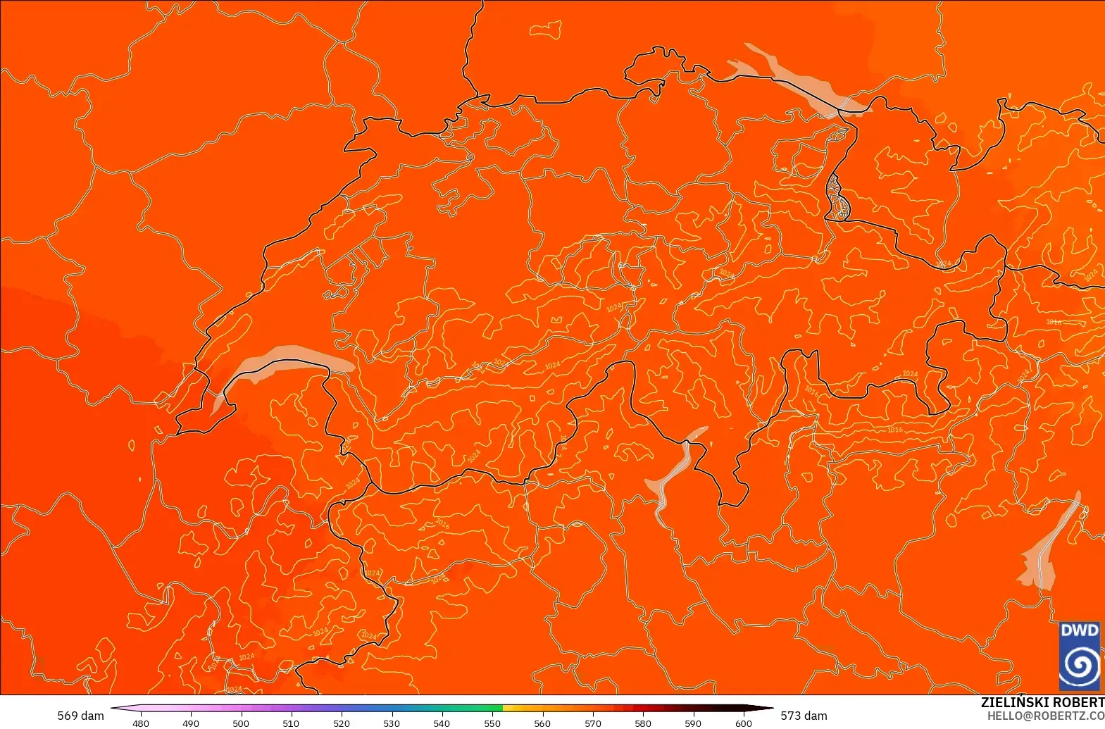 ICON Alemania 2 km modelo - Suiza, Altura geopotencial a 500 hPa
