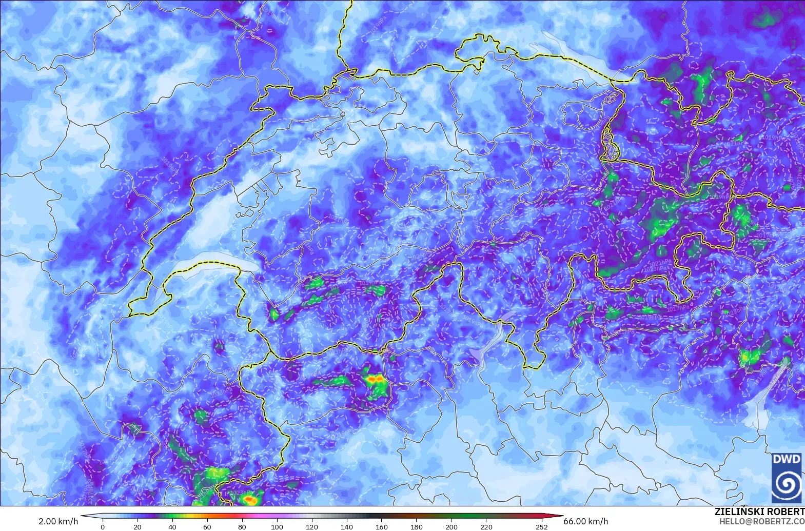 ICON Alemania 2 km modelo - Suiza, Ráfagas de Viento Máximas