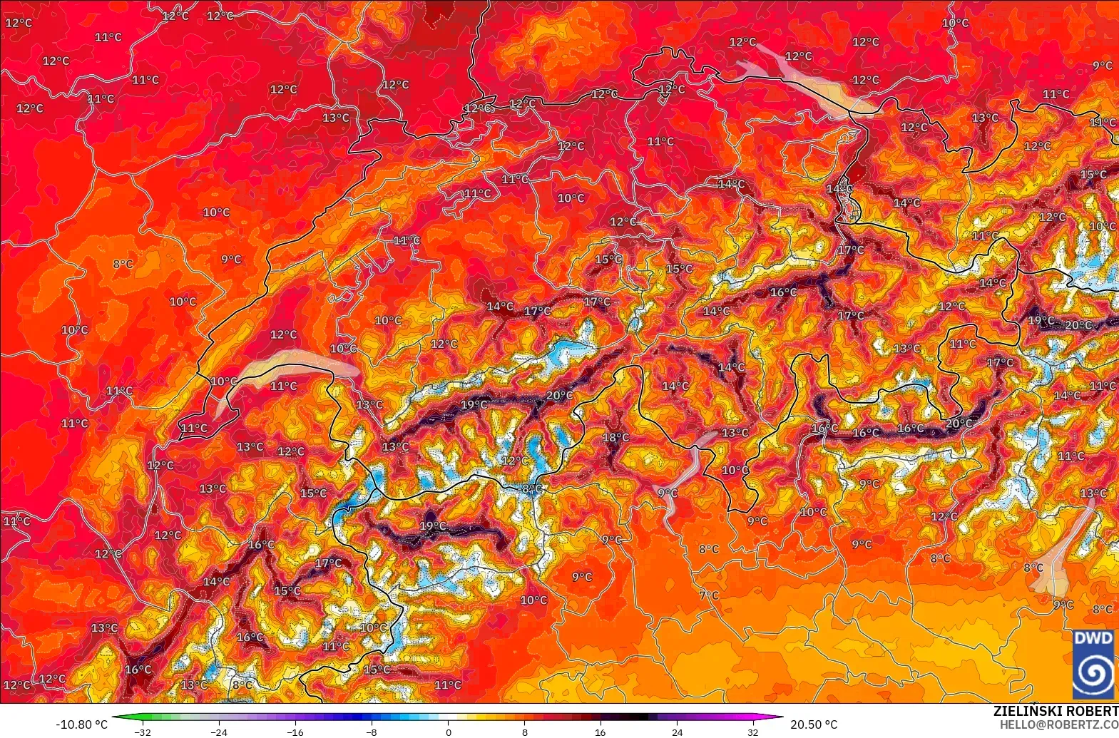 ICON Alemania 2 km modelo - Suiza, Anomalía de temperatura a 2 m