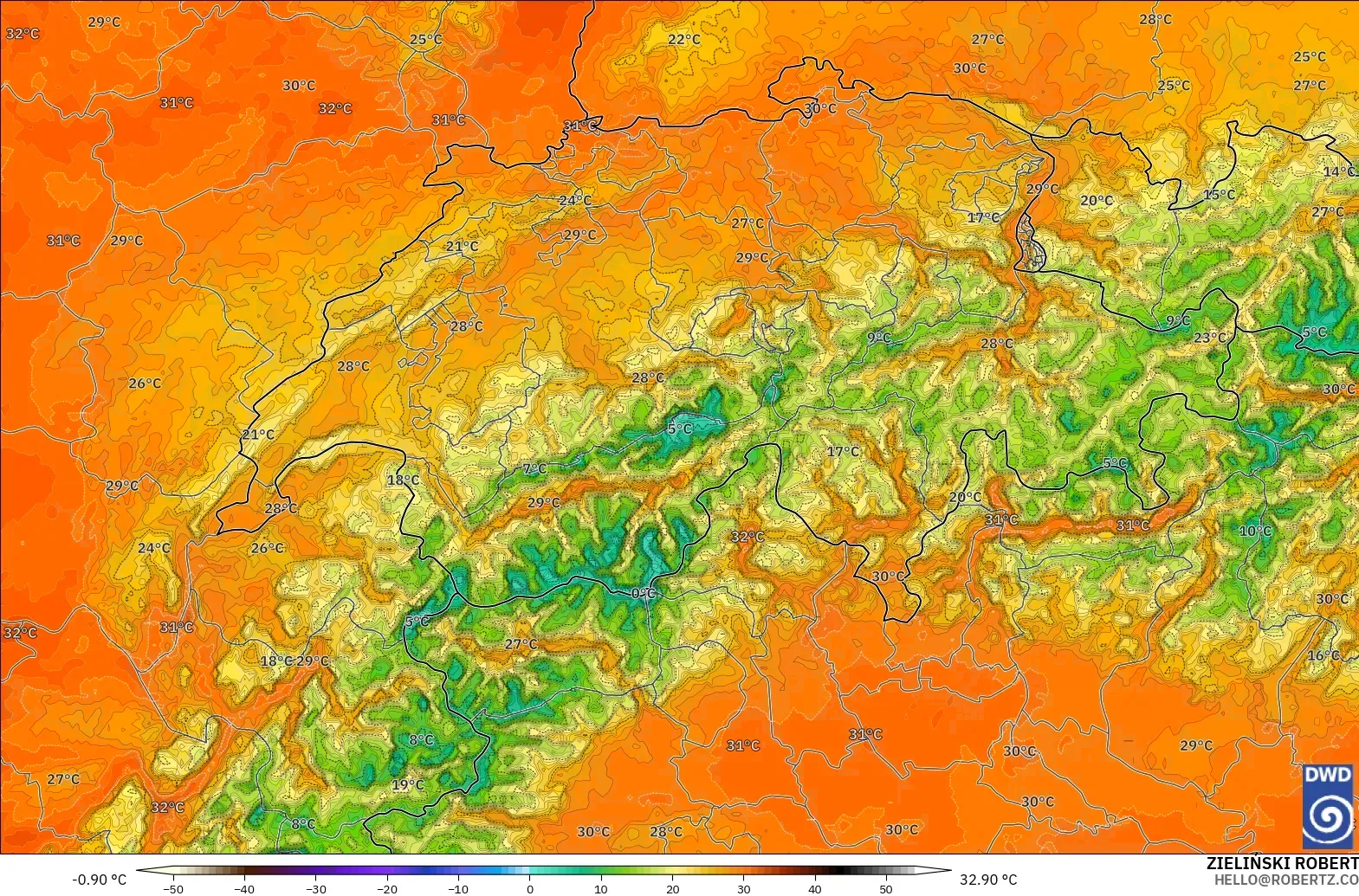 ICON Alemania 2 km modelo - Suiza, Temperatura a 2 m
