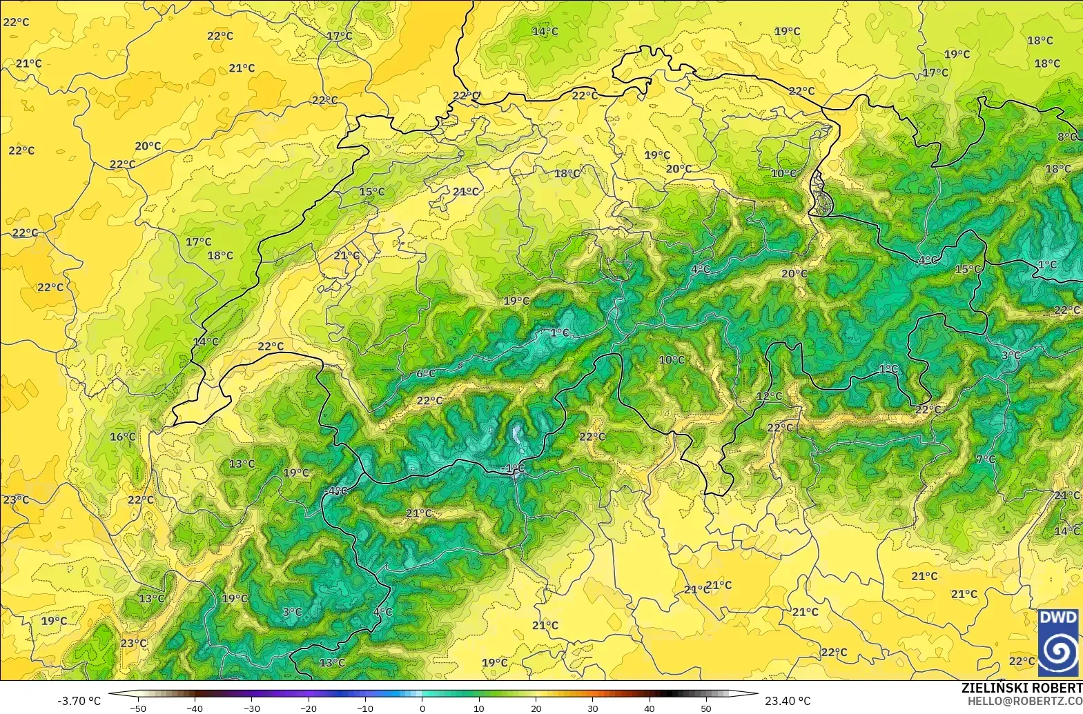 ICON Alemania 2 km modelo - Suiza, Temperatura a 850 hPa