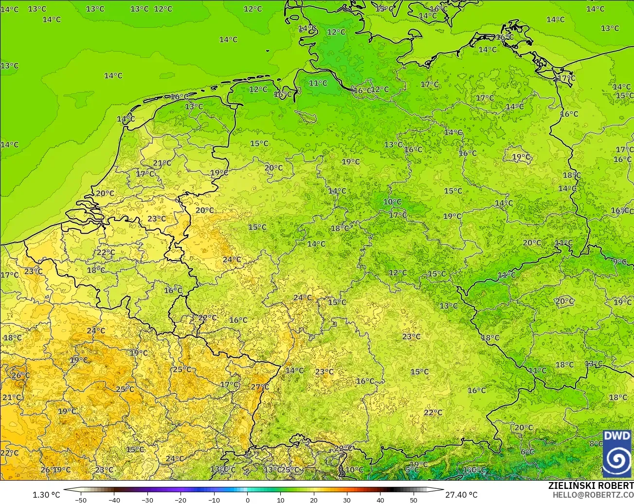 ICON Alemania 2 km modelo - Alemania, Temperatura a 2 m