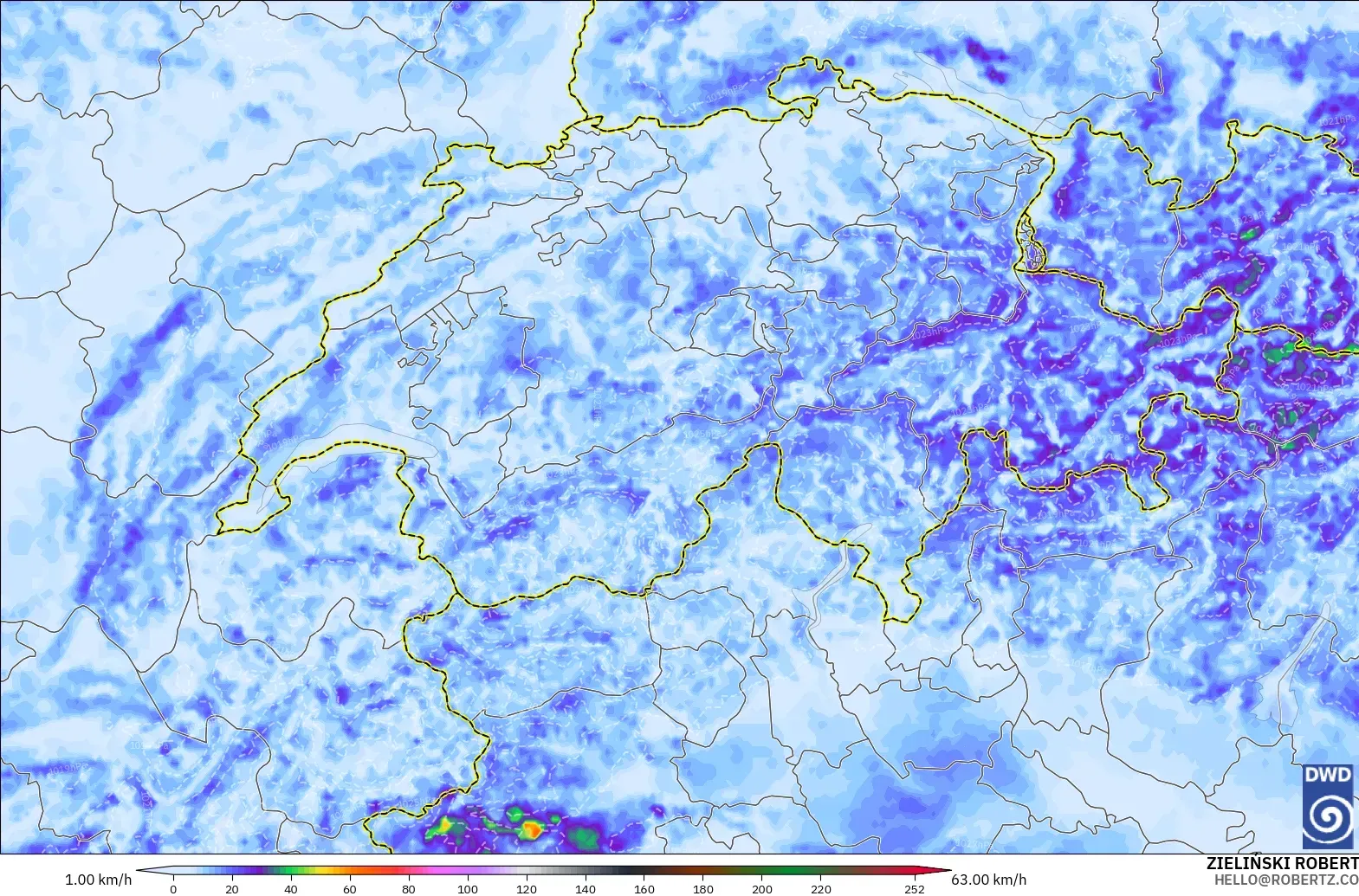 ICON Alemania 2 km modelo - Suiza, Ráfagas de Viento Máximas