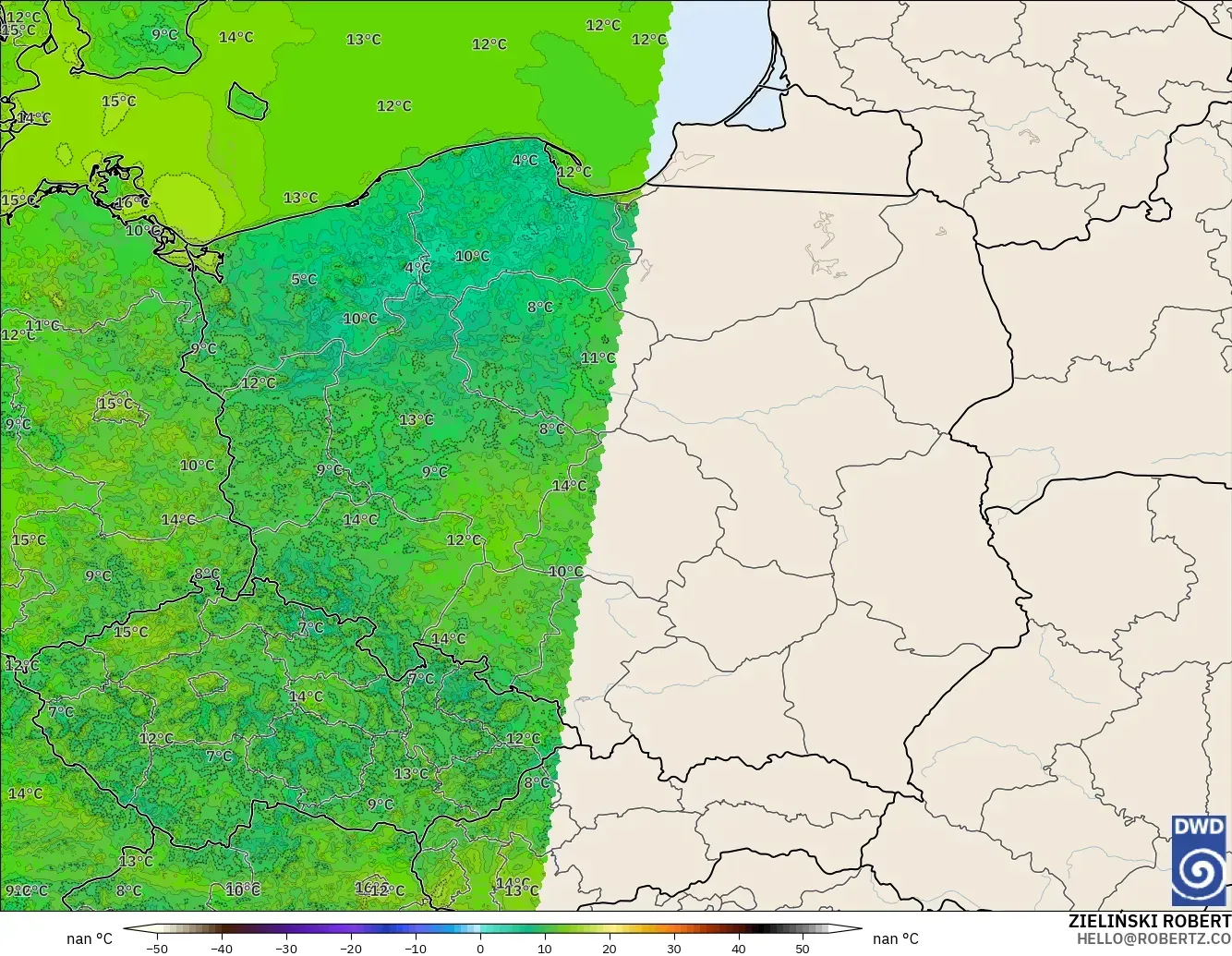 ICON Alemania 2 km modelo - Polonia, Temperatura a 2 m