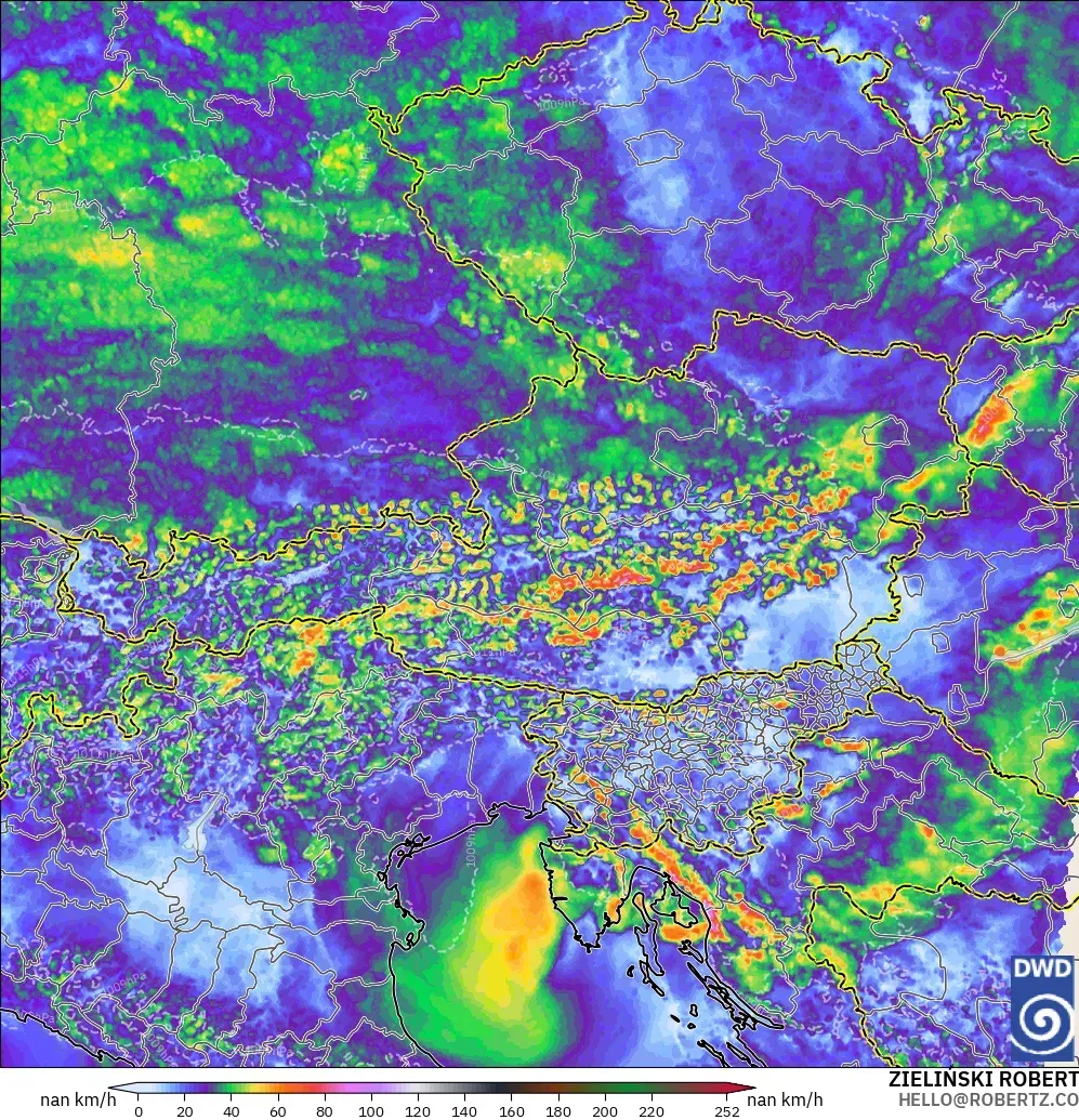 ICON Alemania 2 km modelo - Austria, Ráfagas de viento