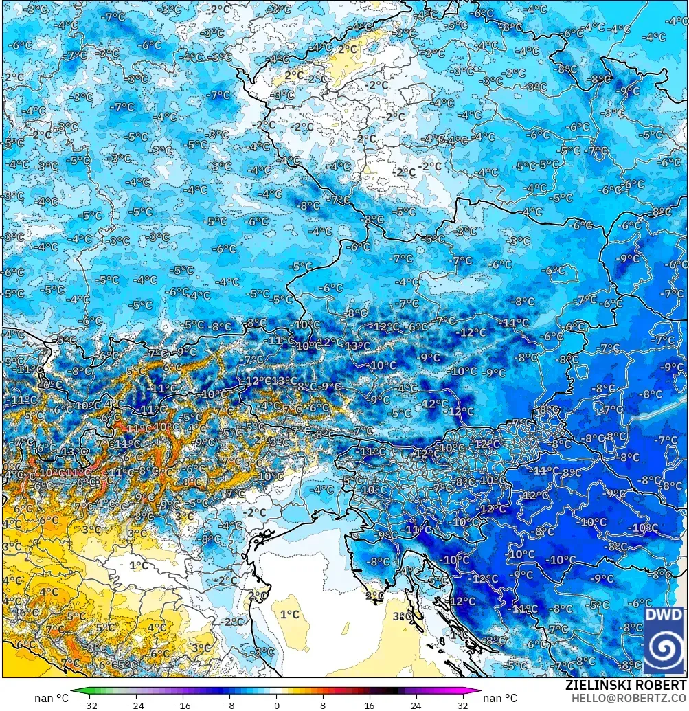 ICON Alemania 2 km modelo - Austria, Anomalía de temperatura a 2 m