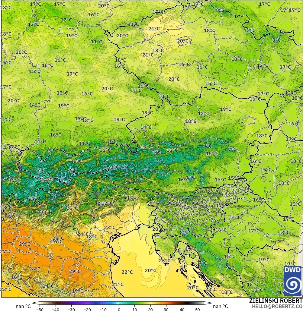 ICON Alemania 2 km modelo - Austria, Temperatura a 2 m