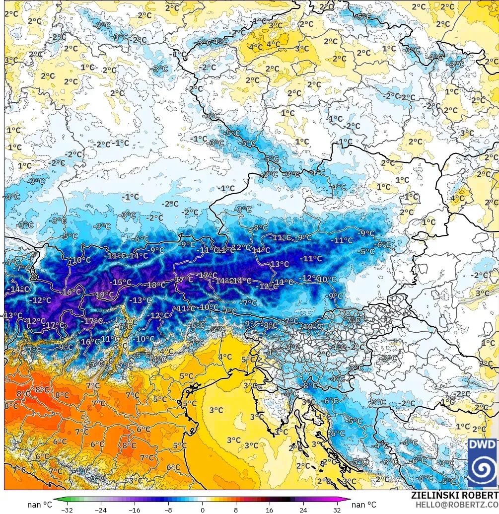 ICON Alemania 2 km modelo - Austria, Anomalía de temperatura a 850 hPa